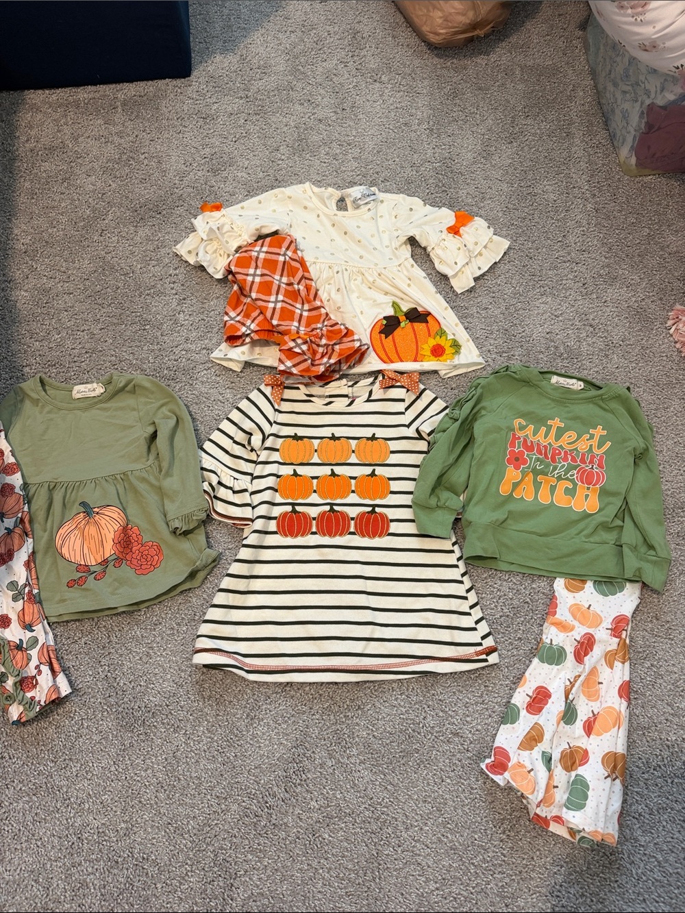 Kids Pumpkin Patch Fall Dress & Top Set - Green, Cream, Orange